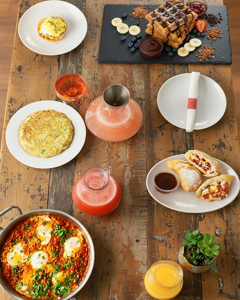 Weekend brunch spread with breakfast empanadas and fruit