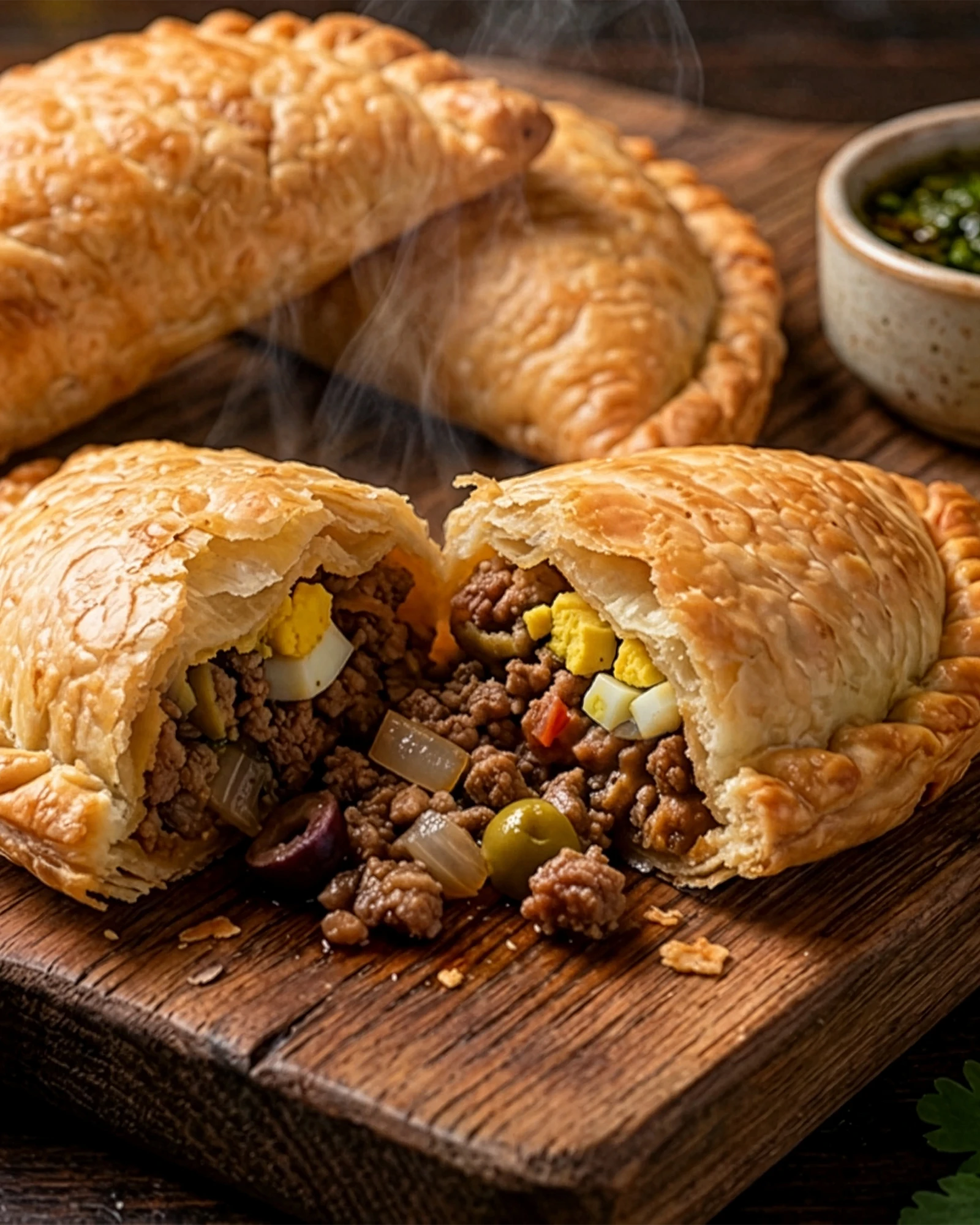 The Classic Argentinian beef empanada broken open with ground beef, olives and egg, served with chile lime chimichurri