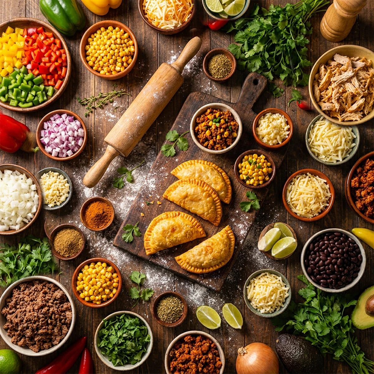 Overhead spread of empanada fillings — peppers, corn, cheeses, chorizo, beef, chicken and herbs — around a board of folded empanadas