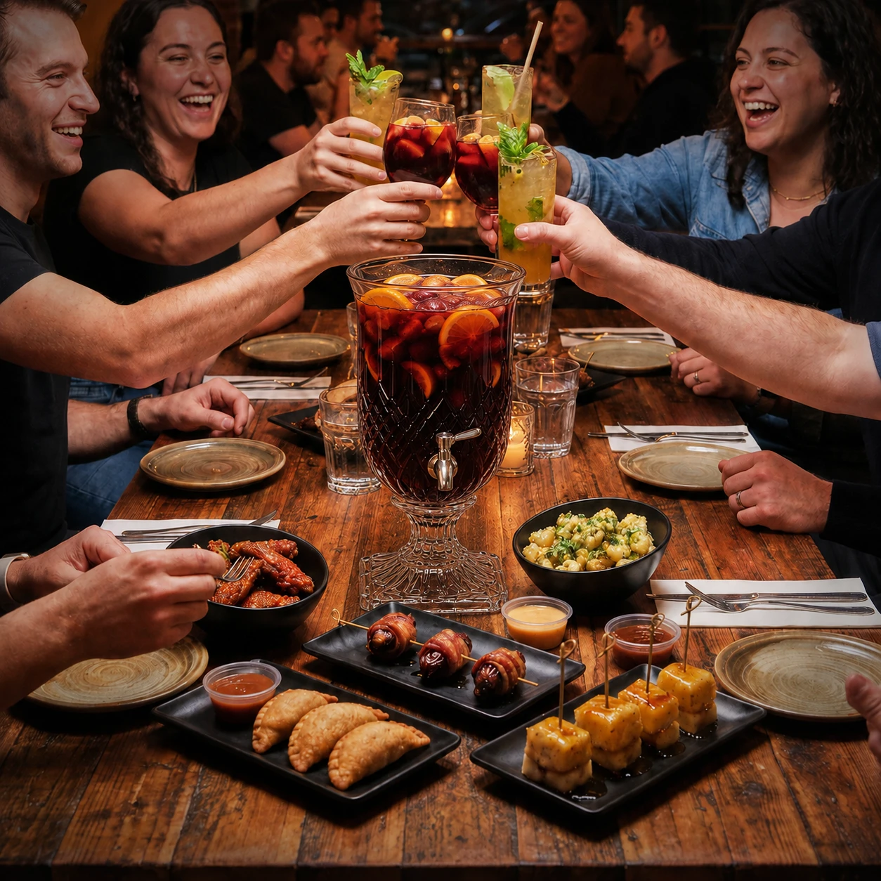 Friends toasting sangria and cocktails over a shared table of empanadas, tapas and dipping sauces