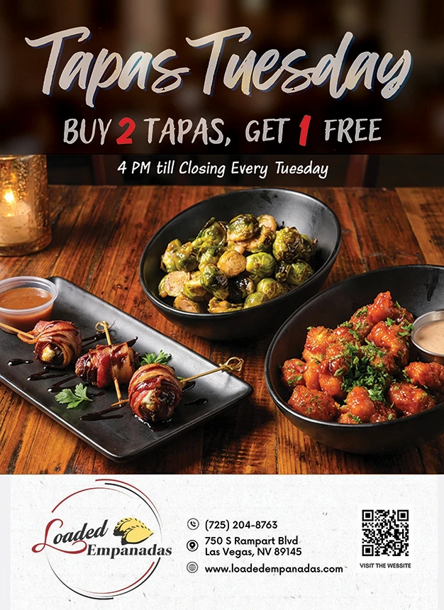 Tapas Tuesday flyer: buy two tapas and get the third free